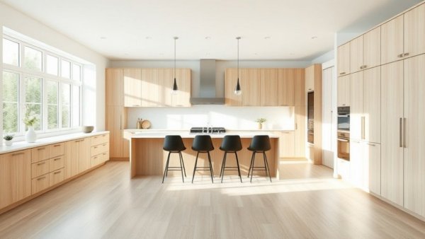 Contemporary light-filled white oak kitchen design with island and chairs.