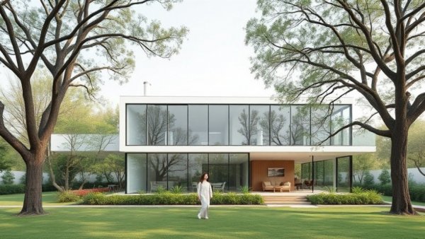 Modern post-war home renovation in Slovenia, glass-walled house in garden.