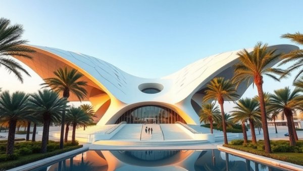 Zayed National Museum in Abu Dhabi with futuristic design and palm trees.