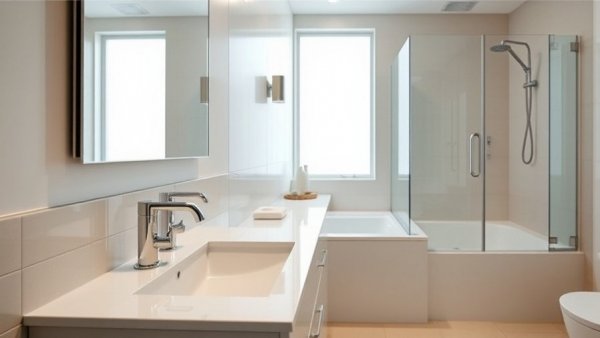 Modern bathroom with shower-tub combo design and double-sink vanity.