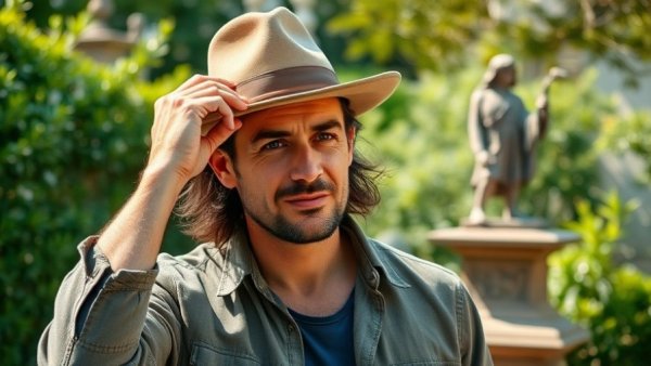 Casual man tipping a hat in a garden setting.