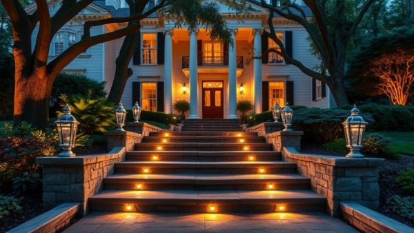Colonial home with creatively lit outdoor steps and pathway.