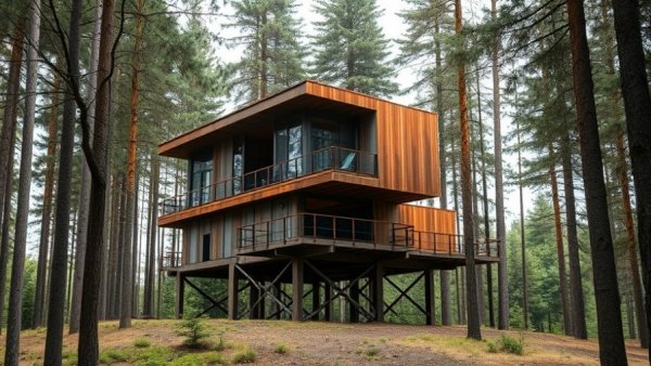 Weathering steel used in architectural design, forest setting.
