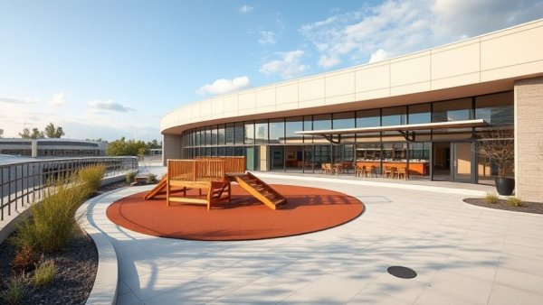 Modern rooftop play area in school design with plants and seating.