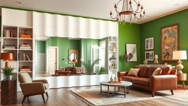 Stylish living room featuring a unique full-length mirror and colorful decor.