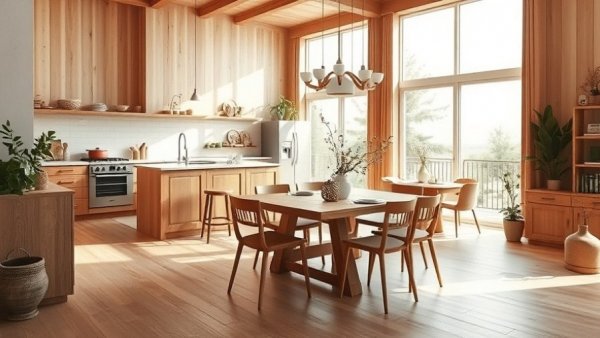 Warm modern kitchen and dining area with natural colors and textures.