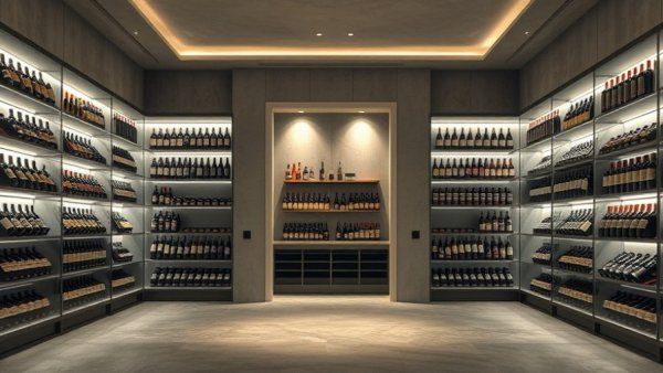 Modern wine cellar with sleek design and urban architectural elements.