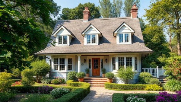 Cottage-style luxury home with elegant design in a lush garden.