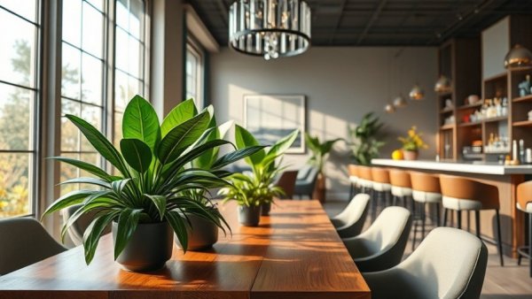 Modern dining room with houseplants, tips for keeping healthy.