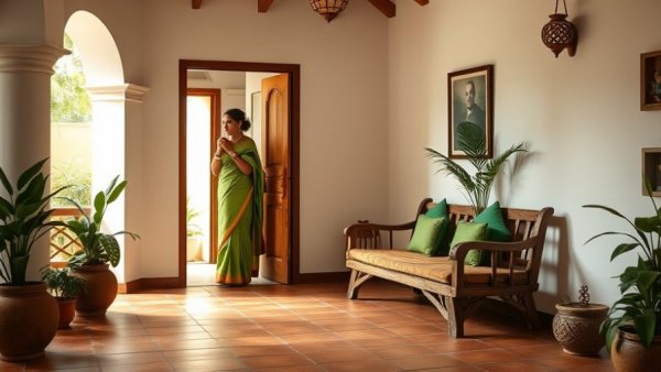 Traditional interior with Tamil architecture elements in Coimbatore.
