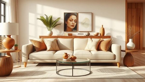 Sophisticated living room with cream seating and glass decor, embodying water-inspired home design.