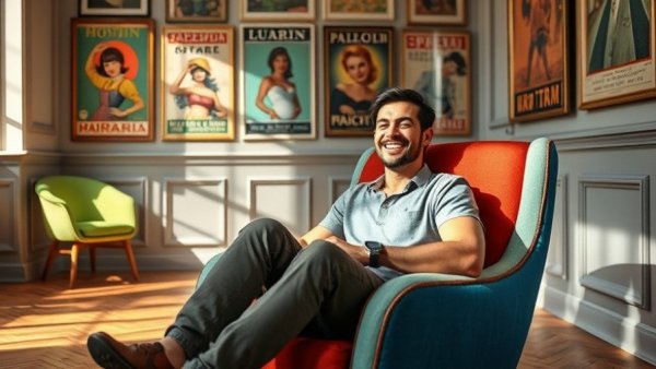 Person relaxing in a chair, vintage decor and sunlight.