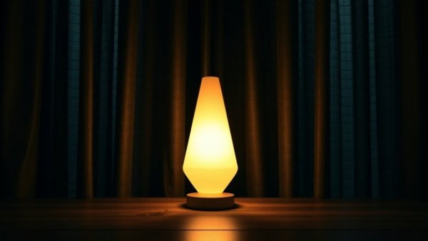 Maison & Objet 2026 interior design trends, glowing conical lamp between dark curtains.