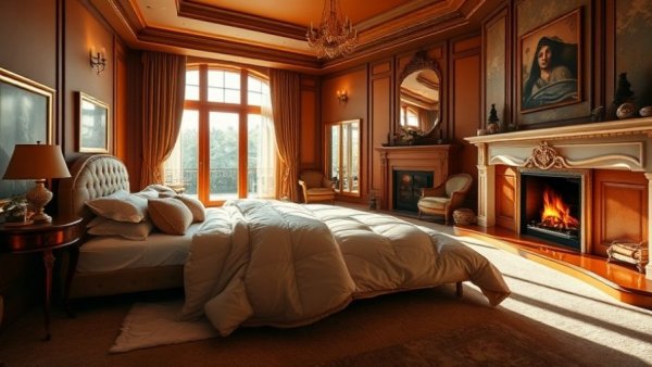 Luxurious bedroom with warm white comforter for winter.