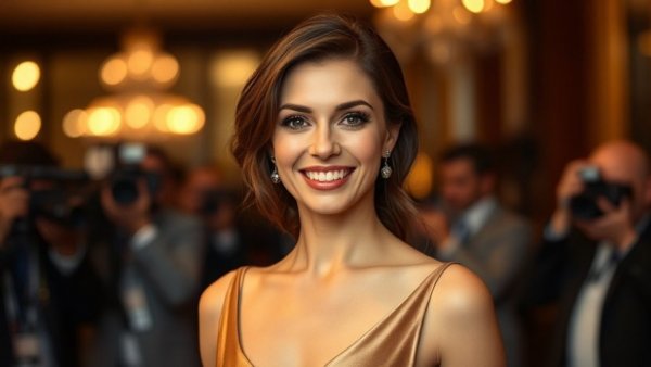 Elegant woman at event, warm lighting, Emma Stone Real Estate Portfolio.