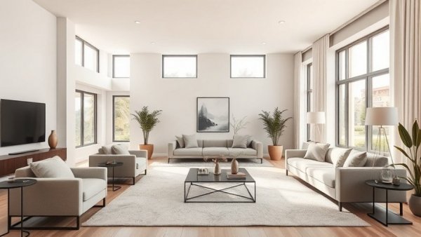 Modern living room design with neutral tones and contemporary decor.