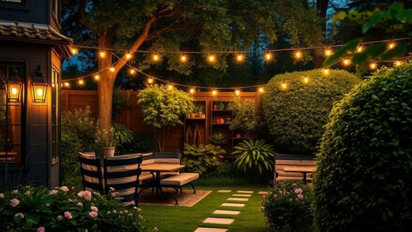 Charming garden with outdoor lights, perfect for entertaining ideas.