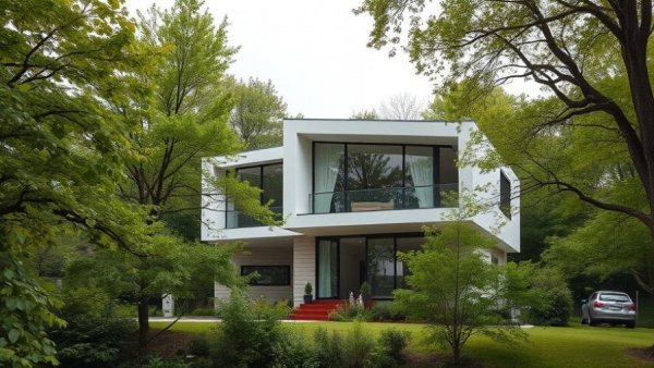 Modern Lane Cove House design with large windows in a tree-filled setting.