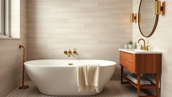 Elegant bathroom with Turkish-cotton towel on tub, brass fixtures, stylish tiles.