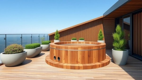 Seamless outdoor hot tub integration on modern wooden deck.