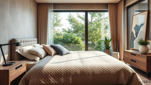 Layered bedroom design with cozy textures and natural light.