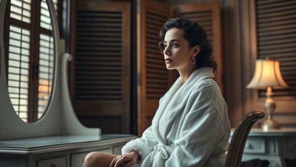 Elegant woman in white robe at vintage vanity, luxury lifestyle.