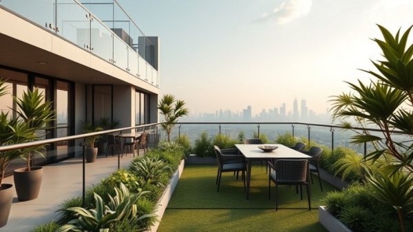 Urban rooftop garden with dining area and city view