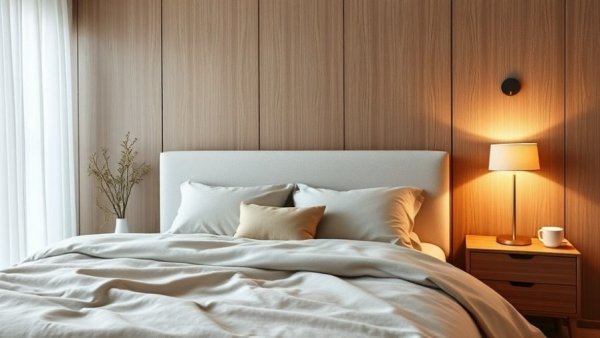 Modern bedroom with wooden nightstand and ambient lighting, showcasing Home Tech Trends 2026.