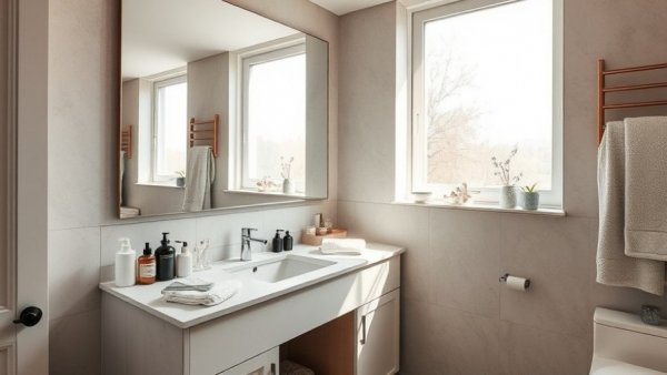 Elegant bathroom with vanity reflecting natural light and clutter.