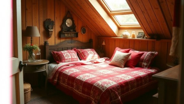 Cottagecore bedroom with red bedding and cozy decor.