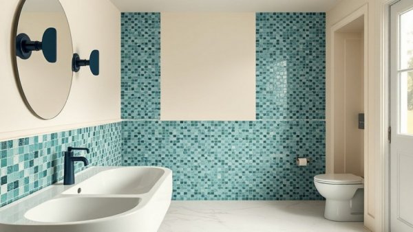 Renovated midcentury bathroom with navy fixtures and teal tiles.