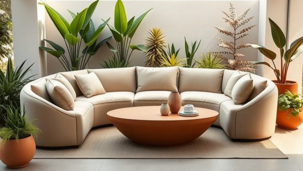 Modern outdoor living room with plush beige sofa and terracotta table, Outdoor Living Trends 2026.