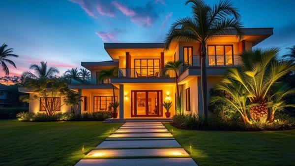 Modern home with elegant front entrance lighting and tropical landscape.