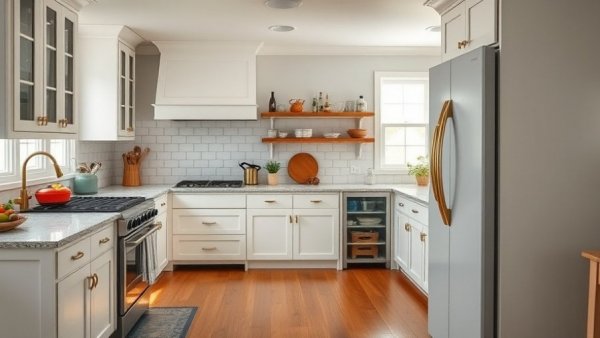 Cape Cod-style kitchen updates with island, plaid stools, and bright lighting.