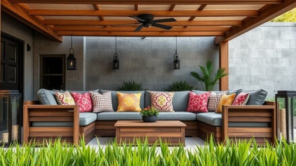 Luxurious outdoor sectional setup with colorful pillows and modern decor in a backyard.