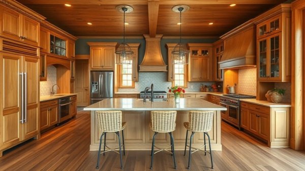Luxurious kitchen designs with island and wooden cabinetry.