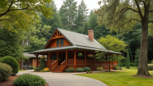 Charming wooden house with lush garden in a serene riverside landscape.