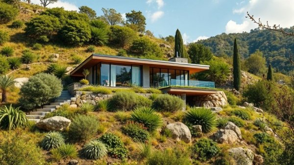 Eco-friendly hillside house blending into lush landscape.