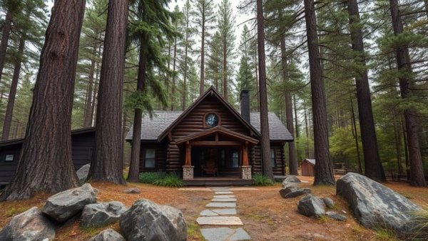 Rustic cabin in Lake Tahoe amidst pine trees, stone path