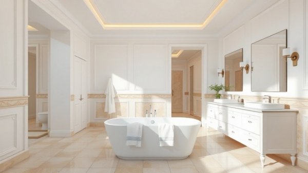 Modern white-and-wood bathroom remodel with elegant beige tiles.
