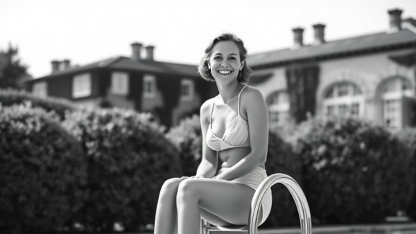 Vintage photo at Jean Harlow historic estate with poolside view.