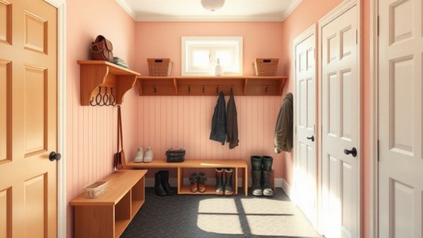 Blush-toned mudroom with shelves and hooks, enhancing home joyfulness.