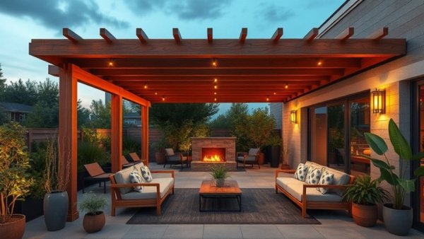 Modern 2026 outdoor living trends with pergola and cozy patio