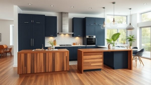 Most Popular Kitchen Designs 2026: Modern kitchen with navy and wood elements.