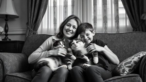 Jayne Mansfield's Pink Palace: vintage photo of woman with child and cats on sofa.