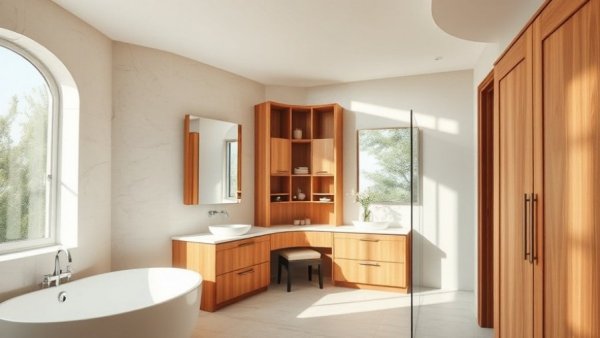 Modern rustic bathroom design with elegant wooden cabinets.