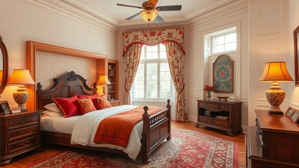 Warm elegant bedroom design with red accents in 2026.