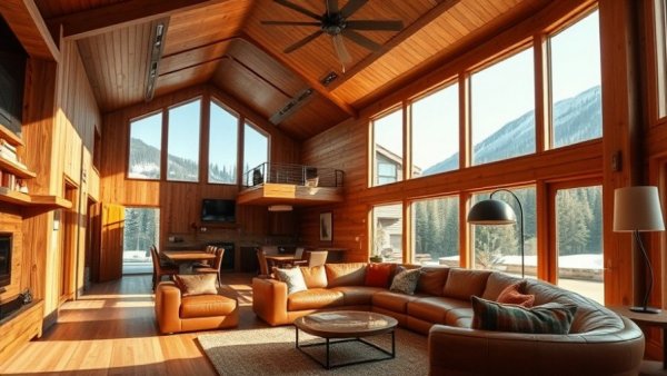 Elegant mountain house interior with wooden architecture in Tasmania