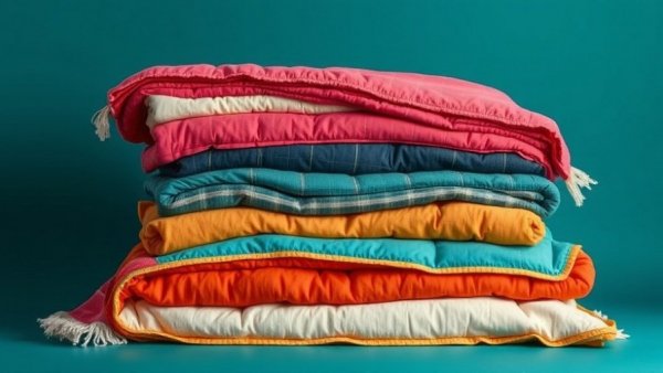 Colorful stack of the best quilts and coverlets against teal background.