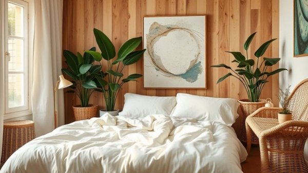 Serene bedroom with eucalyptus sheets and soothing decor.